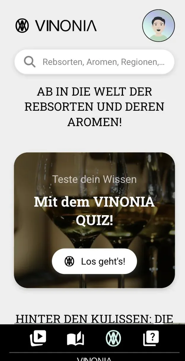 Startbildschirm der VINONIA-App mit Quiz-Einstieg und Suche über Rebsorten, Aromen und Regionen