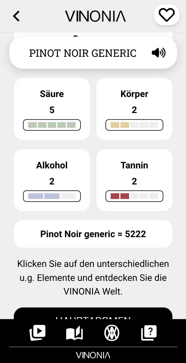 Rebsorten-Steckbrief Pinot Noir in der VINONIA-App mit Säure, Körper, Alkohol und Tannin