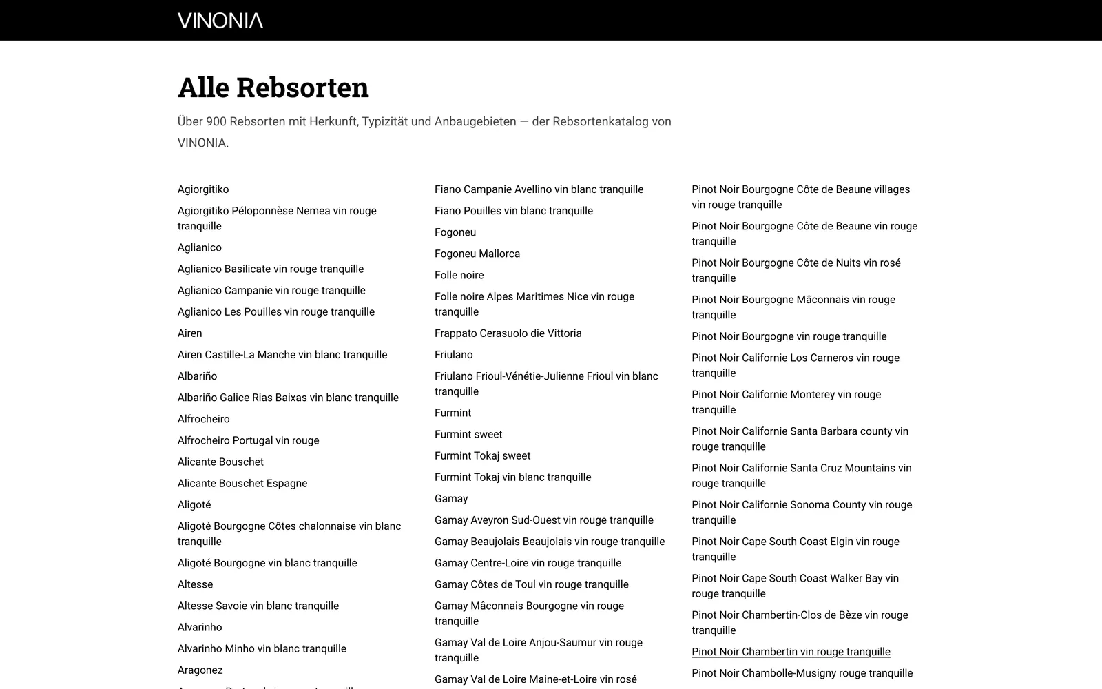 Übersicht aller Rebsorten auf der VINONIA-Website